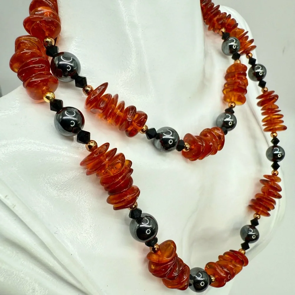 Vintage 26” Natural Amber & Hematite Bead Necklace Gold Fold-Over Clasp Stunning